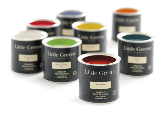 Little Greene paint cans with various colours of paint inside